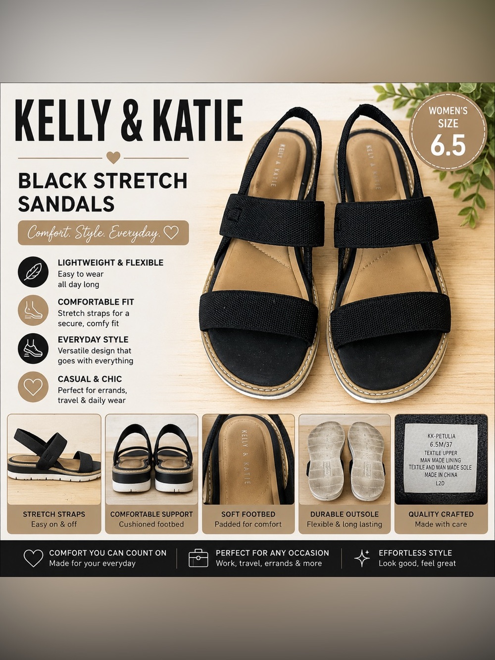 Kelly & Katie Black Elastic Strap Sandals 6.5